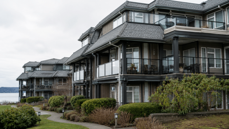 Low-rise strata building with roofs, windows, balconies, walkways, and landscaped areas.